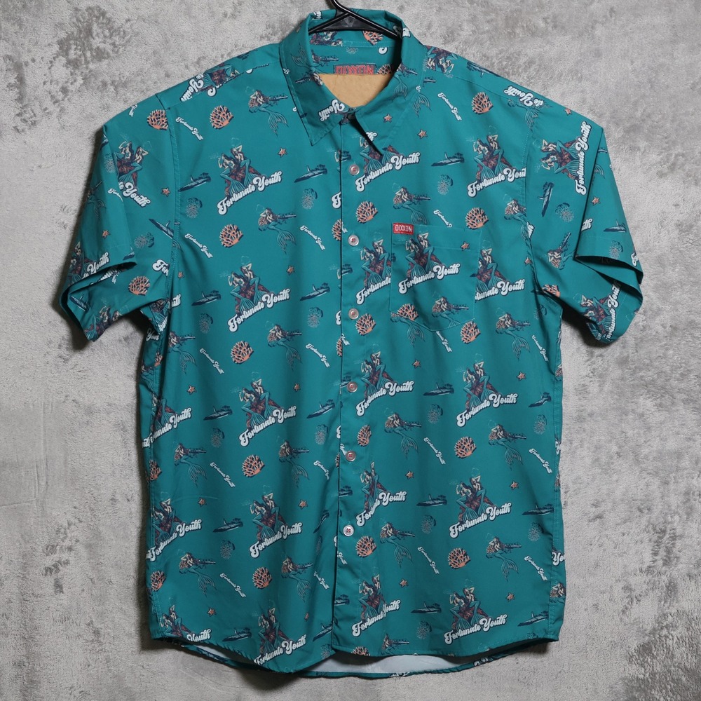 Dixxon Flannel Company Mens Large Blue Green Fortunate Youth Mermaid Camp Shirt